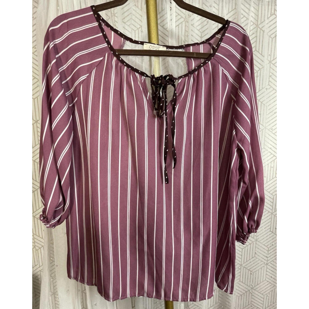 NWOT Oddy Women's Top Magenta Stripe Lace Back Boho Peasant Blouse Boat Neck L